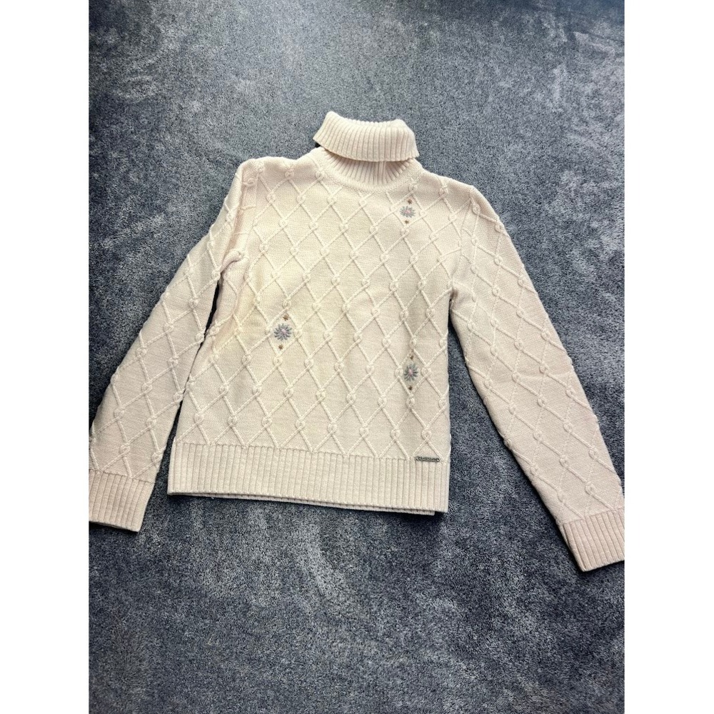 Geiger Austria Pure New Wool Turtleneck Sweater Cream Floral Cable Knit 38
